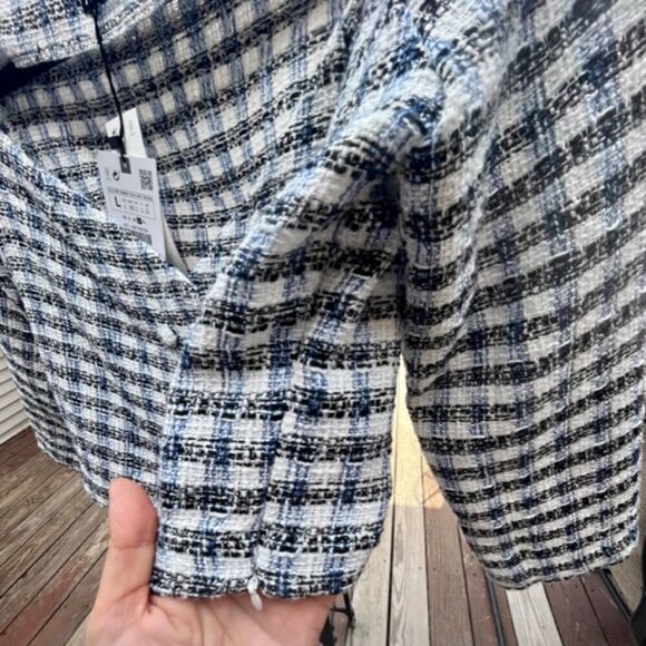 ZARA Women's Textured Off Shoulder Cropped Top Jacket Blue White Plaid Sz Large - Picture 10 of 12